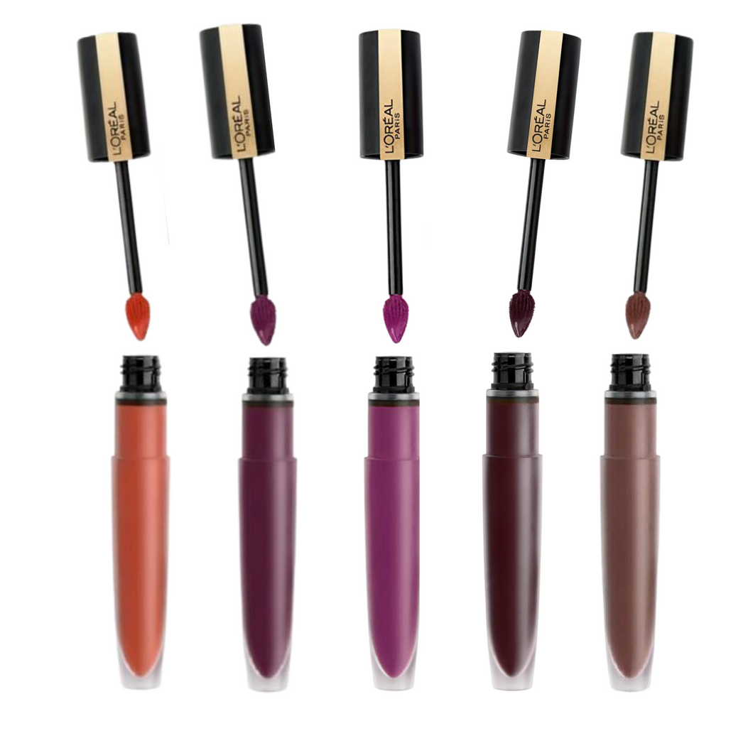 L'OREAL 5 ASSORTED GLOSSED UP ORANGE, CERISE, BROWN, BURGUNDY, DARK BERRY MATTE LIQUID LIPSTICKS GOODIE BOX